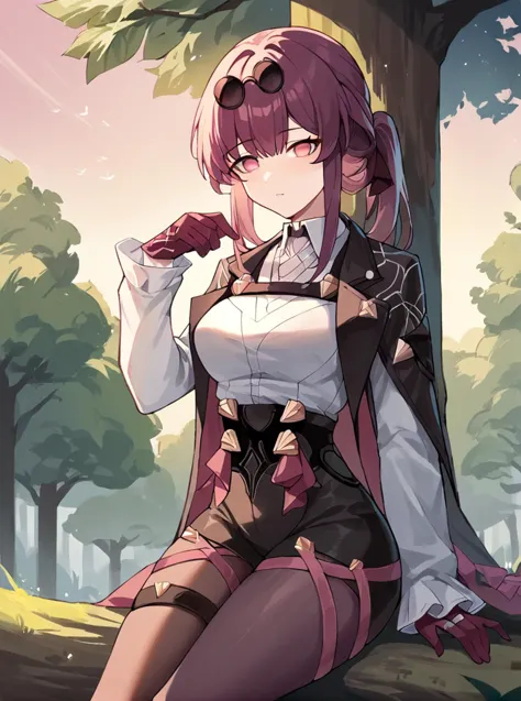 score_9, score_8_up, score_7_up, score_6_up, score_5_up, score_4_up, source_anime, rating_safe,
BREAK
(squatting:0.1), sitting in tree, outdoors, nature, forest, dawn, 1girl ,
,
,
  <lora:kafkaponyxl3:1> 1girl,kafka \(honkai: star rail\), honkai: star rail, breasts, coat, coat on shoulders, shirt, long sleeves, gloves, high-waist shorts, pantyhose, eyewear on head, ponytail, long hair, thigh strap,