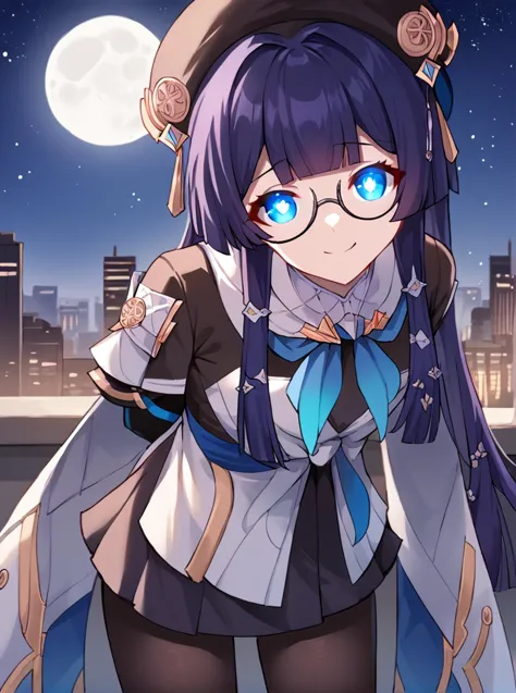 score_9, score_8_up, score_7_up, score_6_up, score_5_up, score_4_up, source_anime, rating_safe,
BREAK
front view, cityscape, night, moon, stars, rooftop, looking at viewer, glowing eyes, smile, white pupils, standing, hands behind back, leaning forward, 1girl,
,
,
 <lora:pelaponyxl:1> 1girl, pela \(honkai: star rail\), beret, long hair, hime cut, (glasses:0.8), long sleeves, hair ornament, (black-framed eyewear:0.6), elbow gloves, dress, pantyhose,