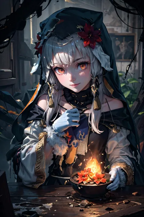 (highly detailed:1.3), 
1girl, solo, (upper body,:1.2), (flower field:1.3), 
<lora:fireemblem_ordelia:0.9>, lysitheabrave, hair ornament, dress, fur trim, white gloves, <lora:edgCultistHood:0.85> edgCultist, wearing edgCultist_hood, (light smile:1.2), orange eyes, (shy:1.3), 
Ultra-detail, (highres:1.1), best quality, (masterpiece:1.3), cinematic lighting, <lora:add_detail:0.5>, <lora:epi_noiseoffset2:1>, 
(highly detailed face and eyes:1.3), 
BREAK
(Explore a meltdown of colors, with dramatic and unpredictable color blends, smudges, and intermingling tones that evoke a sense of artistic chaos and fluidity:1.4), (Navy color:1.1), (Fluorescent Orange color:1.2), (Fern Green color:1.1),