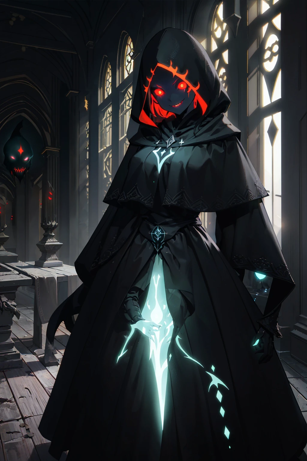 (best quality, high resolution, extremely detailed:1.2), edgCultist girl standing great hall wearing edgCultist_hood, glowing eyes, smiling, detailed twintails, glowing accessories, bioluminescence, dark lighting, dynamic lighting, castle interior, clothing with intricate detail,
