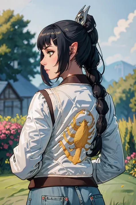 anime girl with long hair and a white jacket standing in a field