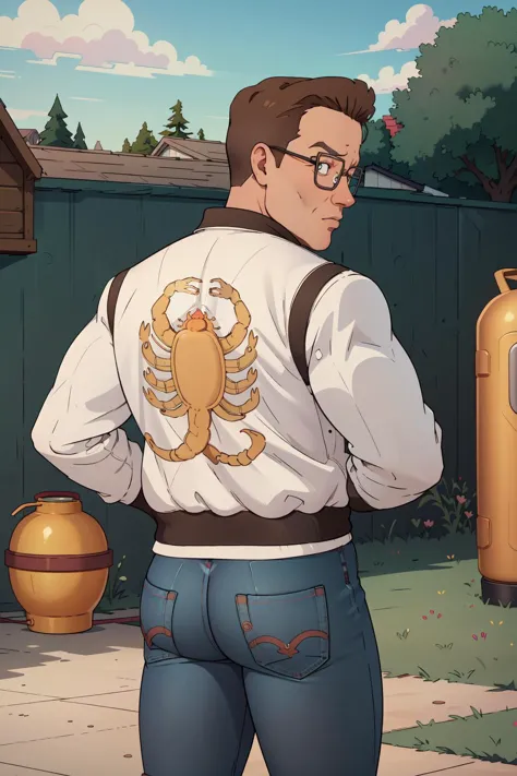 (masterpiece, best quality, absurdres, 4k, aesthetic, detailed, intricate),backyard,propane tank,from behind,hank hill,2d illustration,solo,jeans,(print jacket, white jacket),looking back,glasses  <lora:drivejacket-outfit-richy-v1:0.8> <lora:Hank_Hill_SD_1.5:0.8>