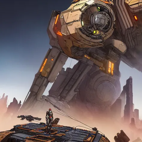 a close up of a sci - fiction scene with a giant robot