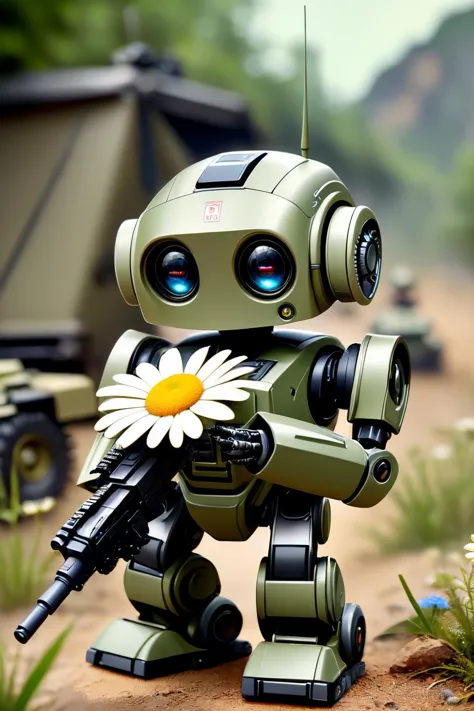 Pequeño robot militar zhibi sosteniendo una flor de margarita, estampado de camuflaje, novato total, Una máquina de matar muy poco talentosa pero absurdamente linda., fondo del campamento militar, extremadamente detallado, 