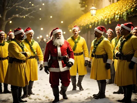 cinematic film still Mistletoe Mercenaries,  (mistletoe:1.5), yellow team arresting santa and his elves,  <lora:EngulfedBy-Klilnter_01:0.5> Engulfed BY yellow, shallow depth of field, vignette, highly detailed, high budget Hollywood film, bokeh, cinemascope, moody, epic, gorgeous, film grain