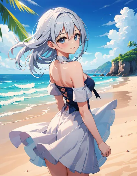 1girl,solo,anime,full body,one hand on hair,light smile,mysterious,gorgeous girl,stunning girl,on the beach,looking back,sea win...