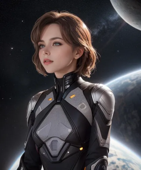 a woman in a futuristic suit standing in front of a planet