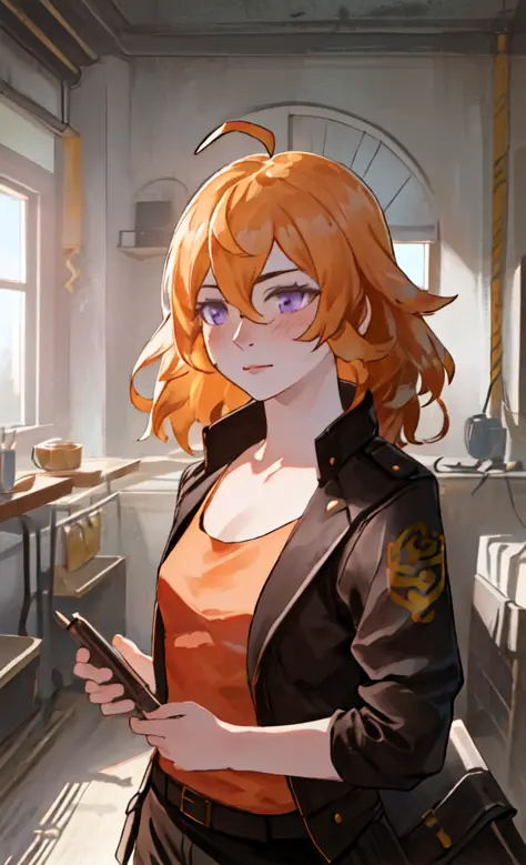 girl yang xiao long, (((cowboy shot))),  ((1girl, solo, blonde hair, long hair, purple eyes, shirt, breasts, upper body, ahoge, medium breasts, jacket, collarbone, open clothes, blush,  closed mouth, (orange shirt), tank top, looking away,  open jacket, hair between eyes, messy hair, indoors, room, shelf)), 

photorealistic background, sharp focus, extremely detailed CG unity 8k wallpaper, volumetric lighting, gloomy, smooth lighting, cinematic lighting,

((upper body)), (((masterpiece))), (highest quality), ((perfect face)), very deep eyes, (cinematic lighting), detailed eyes, best quality,  bishoujo, sidelight, highres, (intricate details), highres, superb, 8k wallpaper, extremely detailed, intricate, award-winning, hyper-detailed,  intricate details, eyes focus, (illustration:1.1), highres, (beautiful face:1.15), trending on artstation,