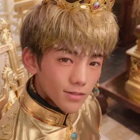 a close up of a person wearing a gold crown on top of a head