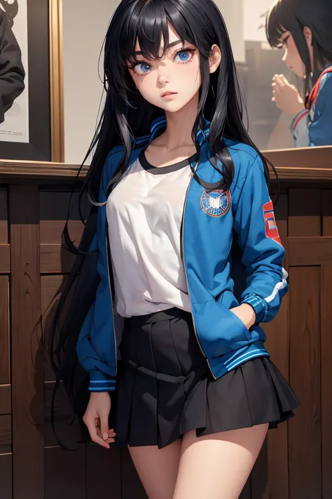 (masterpiece, best quality), 1girl,     <lora:Marco_-_Marco_and_the_Galaxy_Dragon:1> Marco, black hair, long hair, dot eyes, blue jacket, skirt