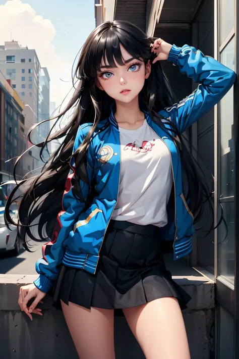 (masterpiece, best quality), 1girl,     <lora:Marco_-_Marco_and_the_Galaxy_Dragon:1> Marco, black hair, long hair, dot eyes, blue jacket, skirt