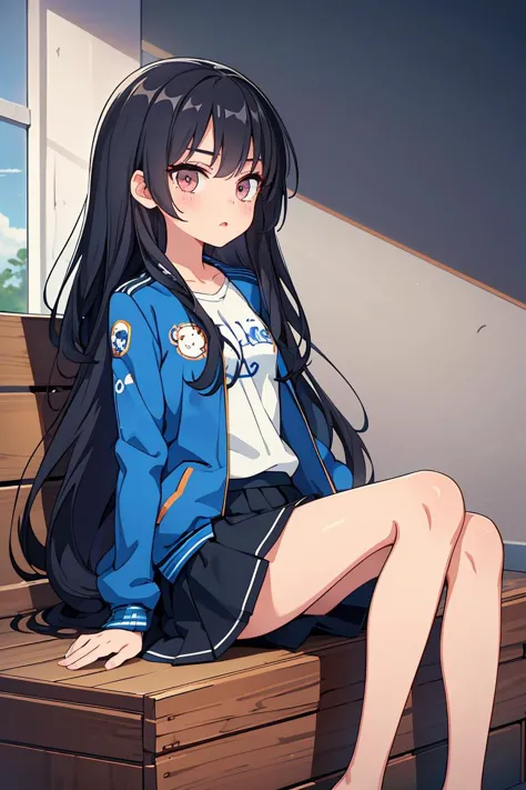 anime girl sitting on a bench with her legs crossed