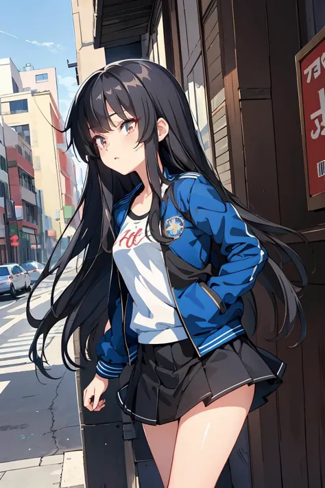 anime girl with long black hair standing on the sidewalk