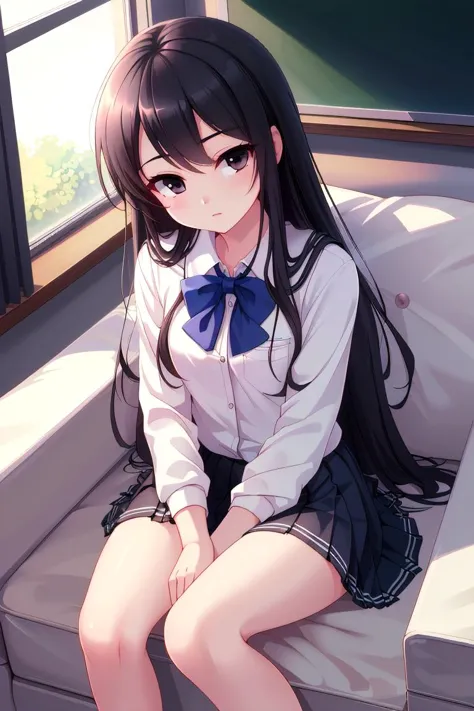 anime girl sitting on a couch with her legs crossed