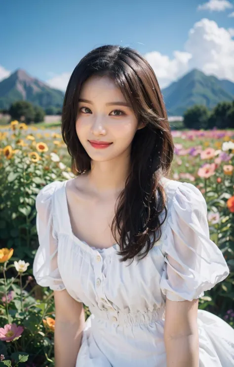 yeonwoo,1girl, dynamic angle, cloud and mountain, (flower field:1.4) in the foreground, white dress, light tracing, (floating co...