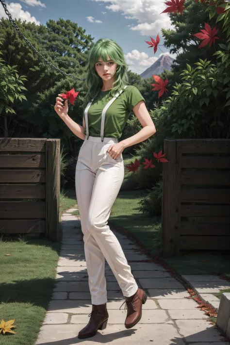 1 beauty girl, <lora:Shun casual clothes_V2:0.75>,((green  hair)) ,((SOLO)),suspenders,white pants,green short sleeve shirt,
(MA...