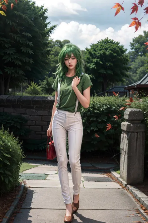 1 beauty girl, <lora:Shun casual clothes_V2:0.85>,((green  hair)) ,((SOLO)),suspenders,white pants,green short sleeve shirt,
(MA...