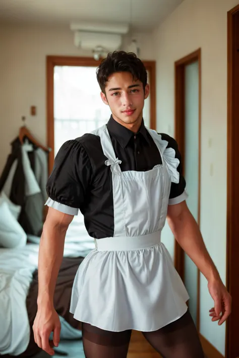 (masterpiece, high quality, absurdres, realistic), OverallDetail, <lora:Ken_GV:1.4>, 1boy, male focus, young, handsome man, short straight black hair, brown eyes, handsome, ken, looking at viewer, flirting, <lora:maid_attire_v2:0.5> maid attire, black pantyhose, high heels, (tongue out:1.1), teasing, blushing, <lora:detail_slider_v4:0.2>