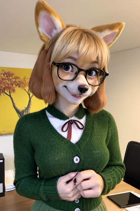 character: Isabelle, animal crossing, (inside), (perfect hands), ((masterpiece)), (((hazel eyes))), full body, (perfect face, detailed face, detailed eyes, perfect hands, perfect fingers), ((great quality)), looking at viewer, (detailed face and eyes), solo, loraisabelle, green skirt, brown sweater, white colar, glossy lips, happy smile, autumn, glasses, ((inside)), ((Nook office)), red ribbon, furry, cute furry, little pink nose, Blush, little breast, pretty eyelashes, kawaii, kemono, fluffy, hands down, 1girl, dog girl, smile, dog ears, blonde hair, topknot, indoors, furry, furry female, plant, behind desk