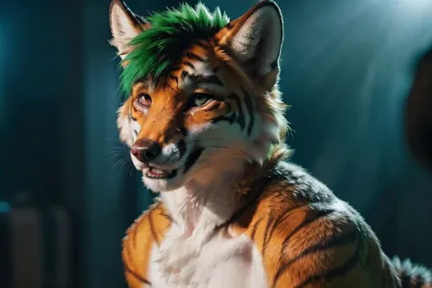 a ((anthro fox male alone)), (green hair crest on head), detailed fluffy fur, seductive, detailed background, tiger, male furry, smiling, multicolored fur, anthro, 
masterpiece, detailed fur, realistic fur, tiger ears, fluffy tail, 
full body, detailed skin, detailed face and eyes, higher body and limbs detail, realistic proportions, anthro_fox, anatomically correct,l huge canine penis, knot, cum, detailed background,
detailed lighting, cinematic lighting, detailed ambient light, gray natural lighting, backlighting, crepuscular ray, 
half body shadow, sharp focus, detailed canine penis, realistic canine penis, (knot), animal genitalia erect