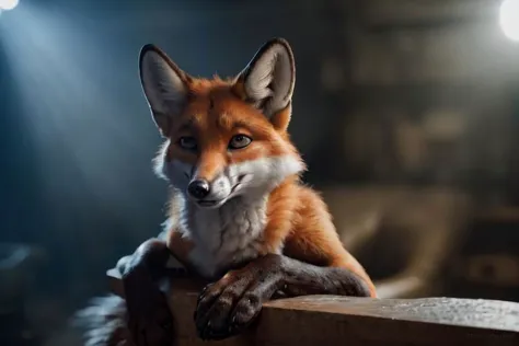 a close up of a fox sitting on a wooden ledge