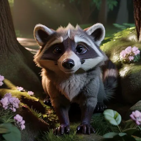 a close up of a raccoon standing in a forest with flowers