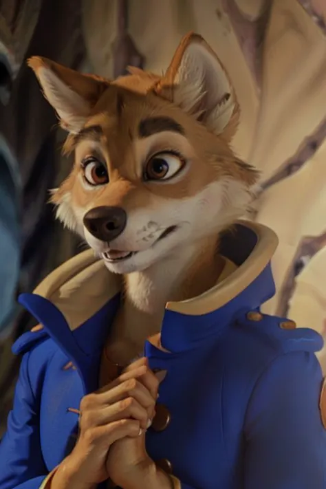 a close up of a person in a blue jacket and a fox head