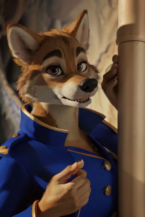 a close up of a person in a blue jacket and a fox