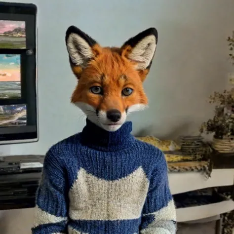 a close up of a person wearing a sweater and a fox mask