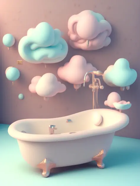 <lora:CuteClayEmojis:1>3D model, furniture design, breakdown modeling, bathtub, candy, cream, breakdown design, soft color, cloud, romantic, complex texture, abstract style, fairytale style, dreak down drawing, compostion of many matching furniture, white ...