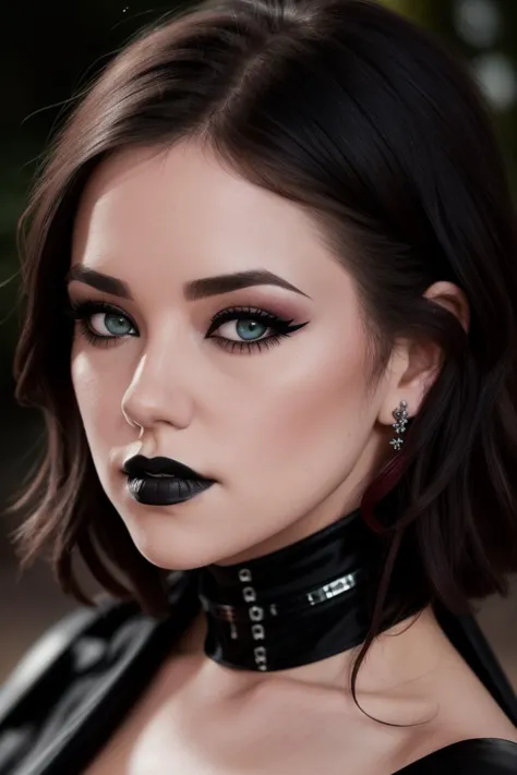 tesstaylor-3420, ((detailed eyes, detailed face):1.2), ((red lipstick, eye shadow, eyeliner, blush)), ,photo of a woman, RAW, close portrait photo, ((black bodysuit, cape)),((short hair, dark red hair)), ((outdoors, detailed scifi city, walking)), slim body, ((detailed skin, detailed face):1.2), ((detailed eyes, beautiful eyes)), 8k uhd, dslr, soft lighting, high quality, film grain, Fujifilm XT3 sharp focus, f 5.6,((black lipstick, heavy eyeliner, heavy eye shadow, goth makeup, pale skin)) , smiling  ((detailed eyes, beautiful eyes, detailed face, beautiful face)),