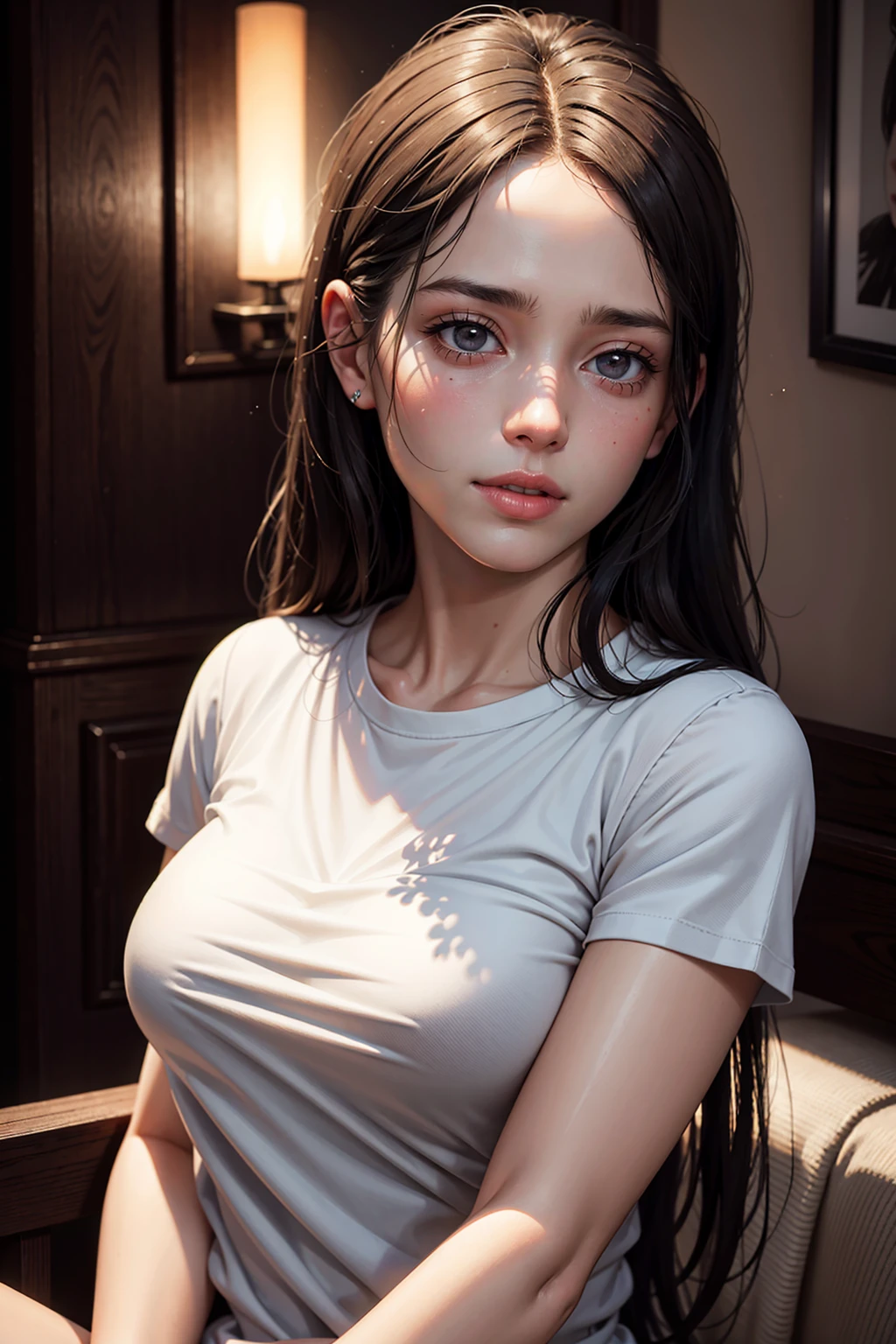 dressed, (photo realistic:1.4), (hyper realistic:1.4), (realistic:1.3), (smoother lighting:1.05), (increase cinematic lighting quality:0.9), 32K, 1girl,20yo girl, realistic lighting, backlighting, light on face, ray trace, (brightening light:1.2), (Increase quality:1.4), (best quality real texture skin), finely detailed eyes, finely detailed face, (tired and sleepy and satisfied:0.0), face closeup, t-shirts, (Increase body line mood:1.1), shiny skin