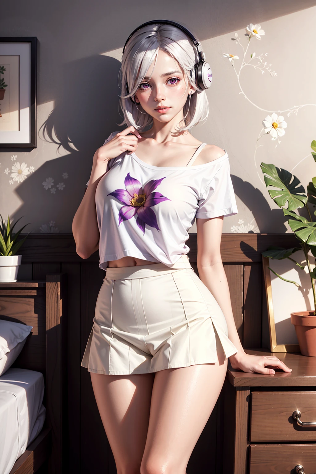 realistic, 1girl, hair over one eye, parted lips, blush, makeup, light smile, white hair, t-shirt, skirt, headphones, glow, thighs, purple eye, bare shoulders, collarbone, narrow waist, bedroom, sunlight, flower, (masterpiece), underwear, potted plant, television, wallpaper, sunbeam,