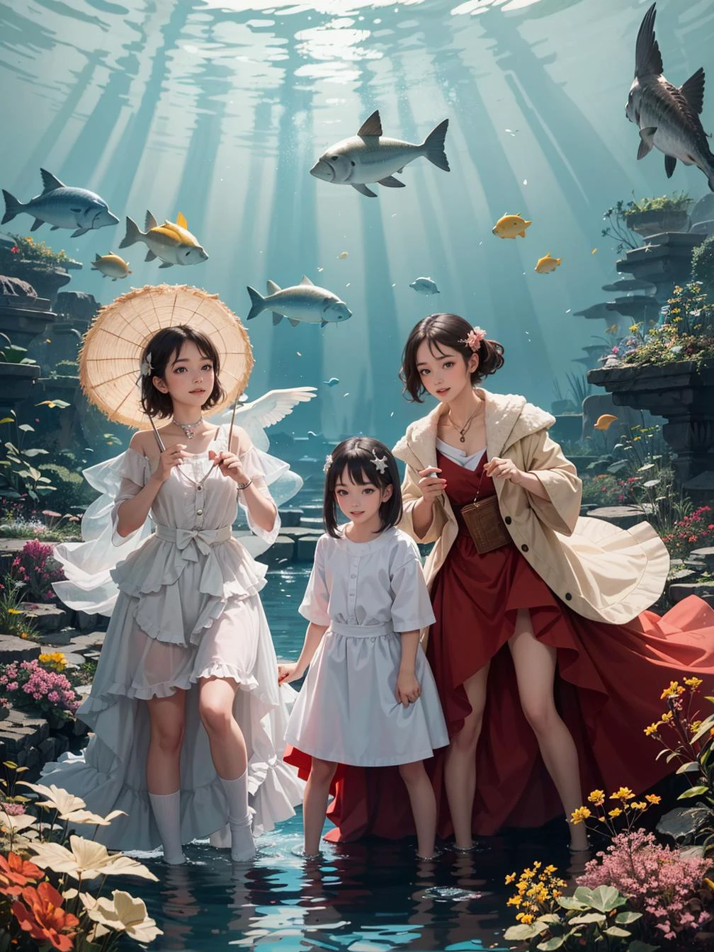 multiple girls, 3girls,books,short hair,laughing
High-definition image of a woman, her hair adorned with luminous pearls, eyes shimmering like the sea. Wearing a dress made from woven seashells, she is in an underwater kingdom where fish speak and corals glow. The scene, bathed in the soft ocean light, captured in the style of a Jules Verne's novel illustration.
masterpiece, best quality, official art,