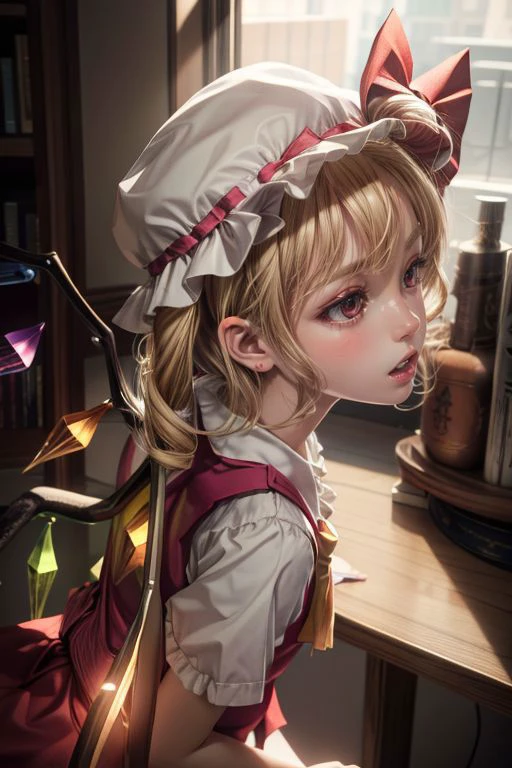 (photorealistic,masterpiece, best quality, ray tracing, volumetric lighting, ssao shadows, detailed, intricate, colorful), 
face surprised, from back, 
flandre scarlet,1girl,blonde hair,mob cap,hair bow,bowtie,side ponytail,wings,short sleeves,vest,ascot
 