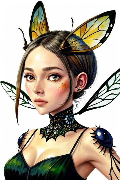 a woman with a butterfly headpiece and a green dress