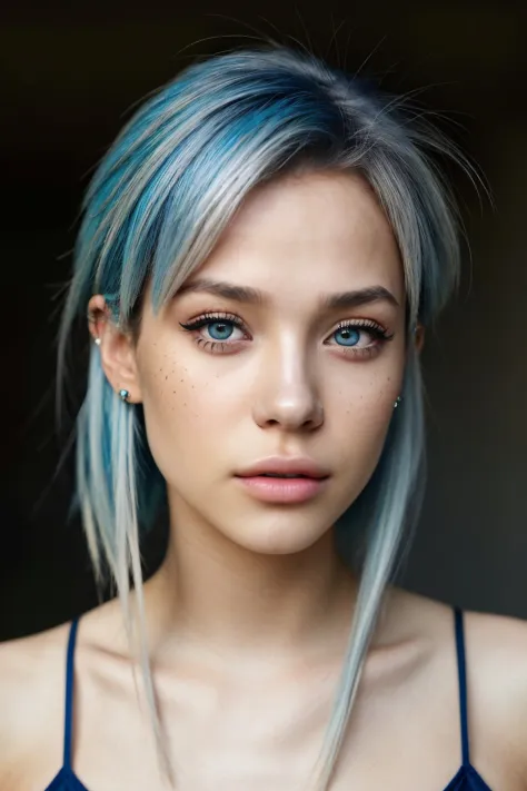 NatalieLevin, focus on eyes, close up on face, columbia blue color hair styled spiky hair