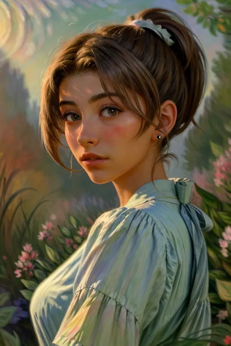 (impressionist landscape, brush strokes, atmospheric, Monet style:1.15), <lora:sd15_AdrianaCallori_v2:.9> AdrianaCallori, focus on eyes, close up on face, parakeet color hair styled wavy ponytail, lens flare