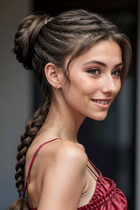 foto de retrato de AdrianaCallori, centrarse en la cara sonriente, vista lateral usando un vestido edgpdress , su cabello está peinado como una trenza a medio recoger,