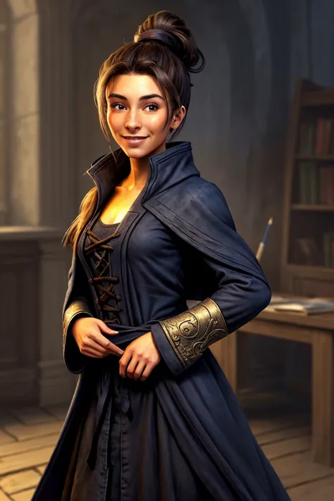 (concept art, digital artwork, illustrative, painterly, matte painting, highly detailed:1.15), half-body <lora:sd15_AdrianaCallori_v2:.9> AdrianaCallori, focus on smiling face, wearing a mage robe , her hair is styled as high ponytail,