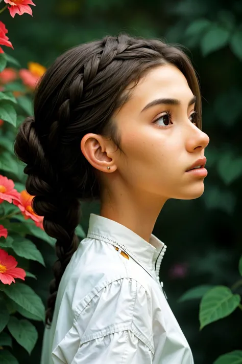 arafed woman with braid hair standing in front of flowers