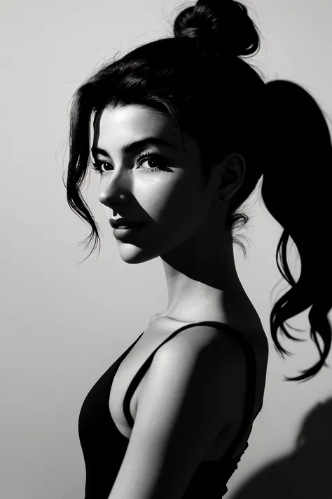 (shadow art style, silhouette, monochrome, contrast, detailed:1.15), (from above, headshot:1.2) <lora:sd15_AdrianaCallori_v2:.9> AdrianaCallori , smiling, she is wearing dotera, her hair is styled as sleek low bun hair, BREAK she is (blusking in a city:1.1), soft fill lighting, shot on ALEXA 65 ,Ektar 100 ,desaturated grunge filter,50mm ,