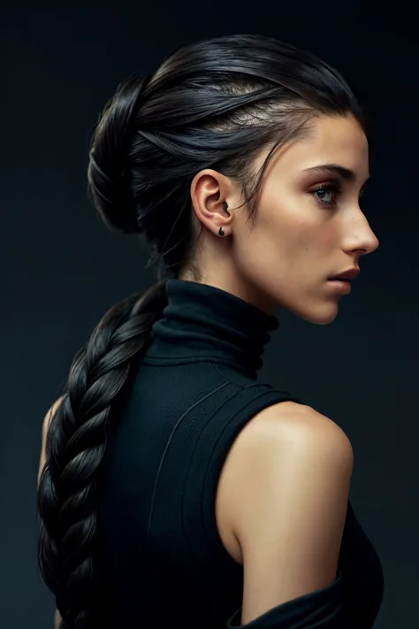 a woman with long black hair wearing a black turtle neck top