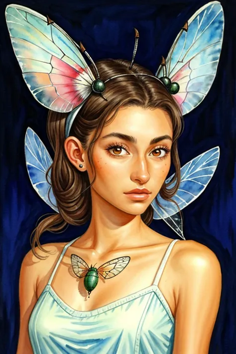 an extremely detailed, intricate watercolor painting of <lora:sd15_AdrianaCallori_v2:.9> AdrianaCallori with ant antenna on her head, she has multifaceted eyes, she has insect wings for ears