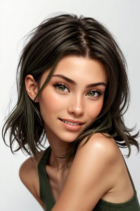 (vexel style, sharp, clean, vector-based, highly detailed:1.15), <lora:sd15_AdrianaCallori_v2:.9> AdrianaCallori, focus on eyes, close up on face, grinning, olive green color hair styled tousled layers, black and white