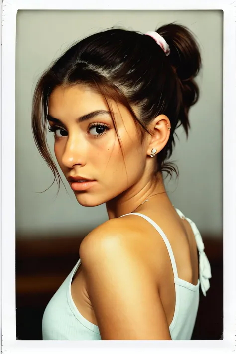 arafed photo of a woman with a ponytail in a white top