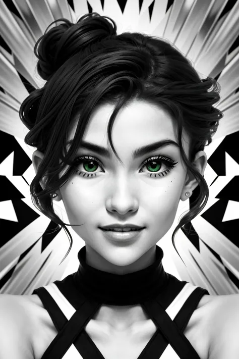 (op art style, optical illusions, black and white, geometric, detailed:1.15), <lora:sd15_AdrianaCallori_v2:.9> AdrianaCallori, focus on eyes, close up on face, smiling, deep green color hair styled Half-Up Half-Down Curly Hairstyle, vignette