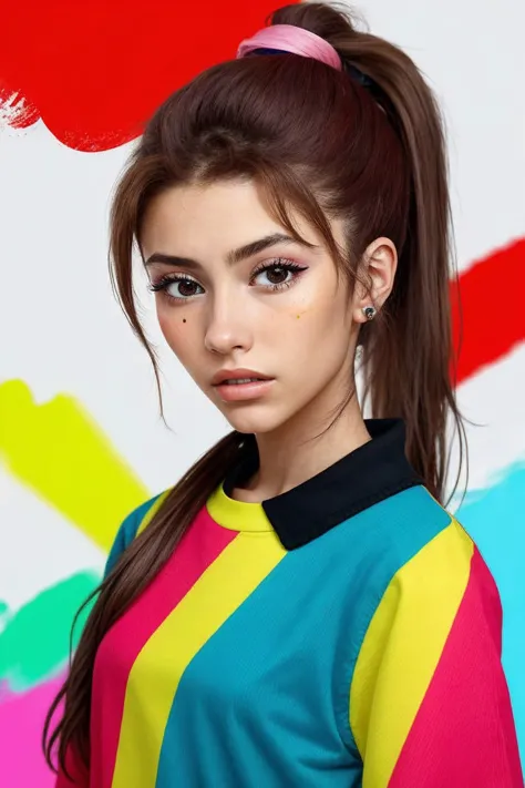 a woman with a ponytail in a colorful shirt and a colorful background