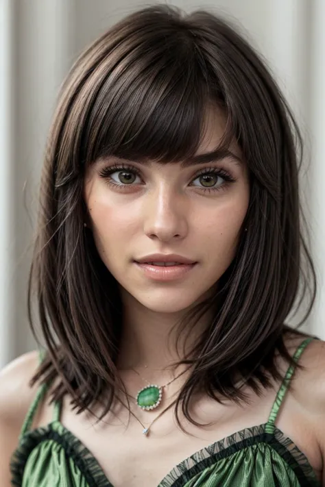 photo of <lora:sd15_AdrianaCallori_v2:.9> AdrianaCallori, focus on eyes, close up on face, smile, wearing jewelry, kiwi color hair styled layered bob with bangs hair, soft focus