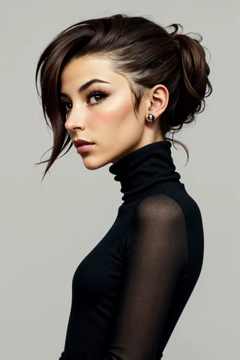 a woman with a black turtle neck top and a black top